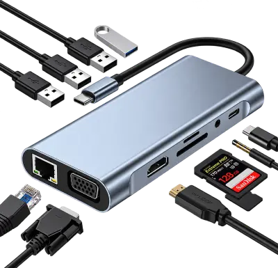 Adaptador USB Tipo C a C, HDMI, TF/SD, LAN y VGA