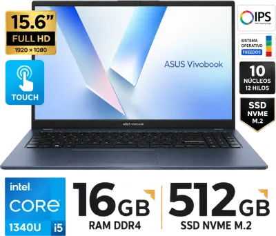Laptop ASUS VivoBook X1504V i5-1334U, 16GB RAM, SSD 512GB, 15.6 táctil, Blue, FreeDOS