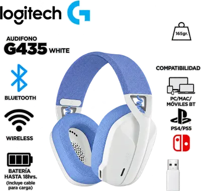 Audífono Logitech G435 Lightspeed Bluetooth, blanco
