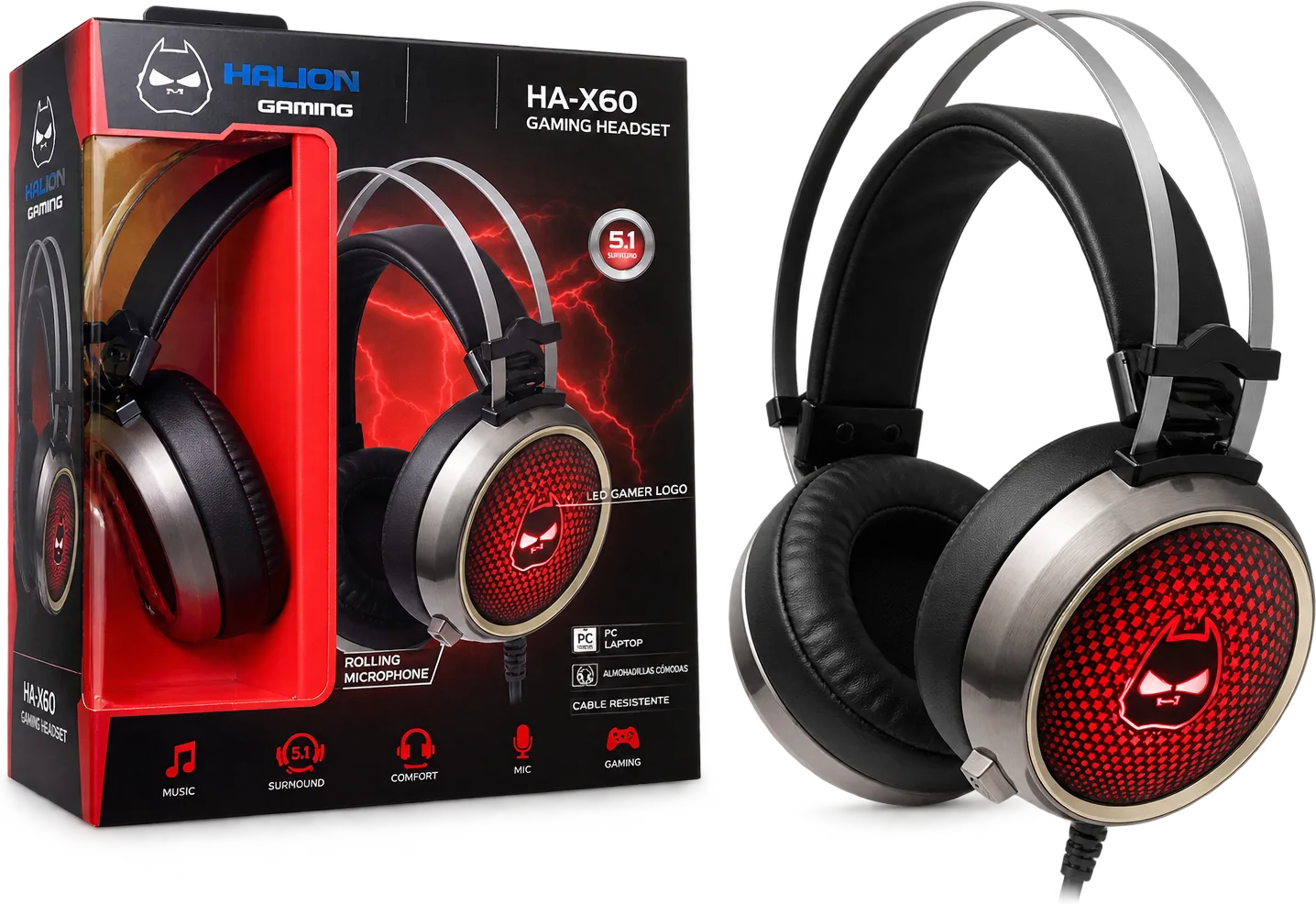 AURICULARES HALION HA-X60 USB+3.5MM NEGRO, foto 1 de 4